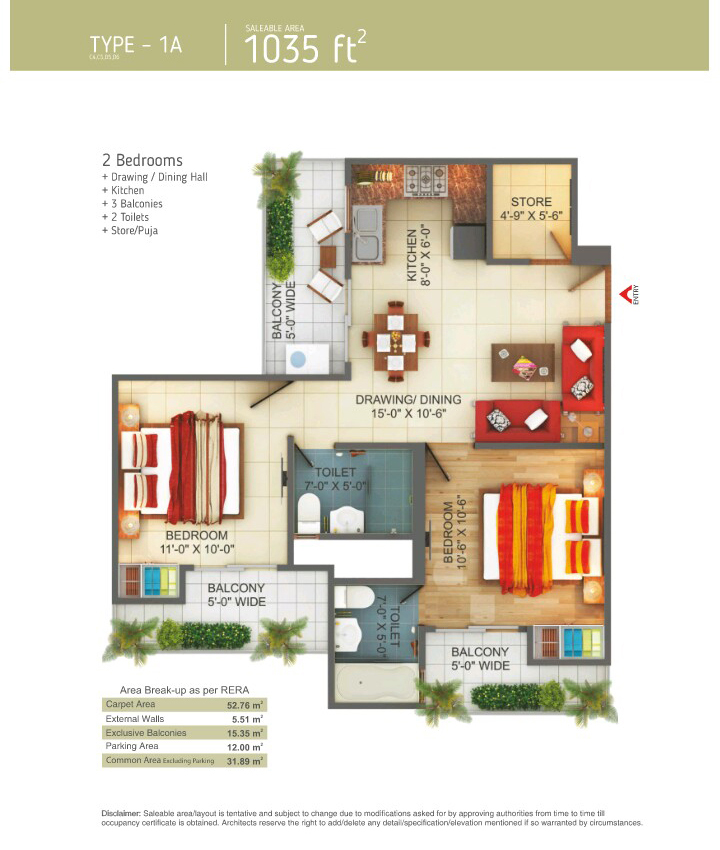 The floor plan size of 2 BHK Flat is 1035 sq ft.